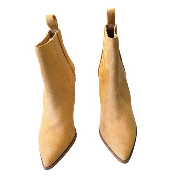 Mustard Tan Suede Heeled Bootie Ankle Boot Pointed Toe Size 5 JJ3320 - Picture 8 of 10